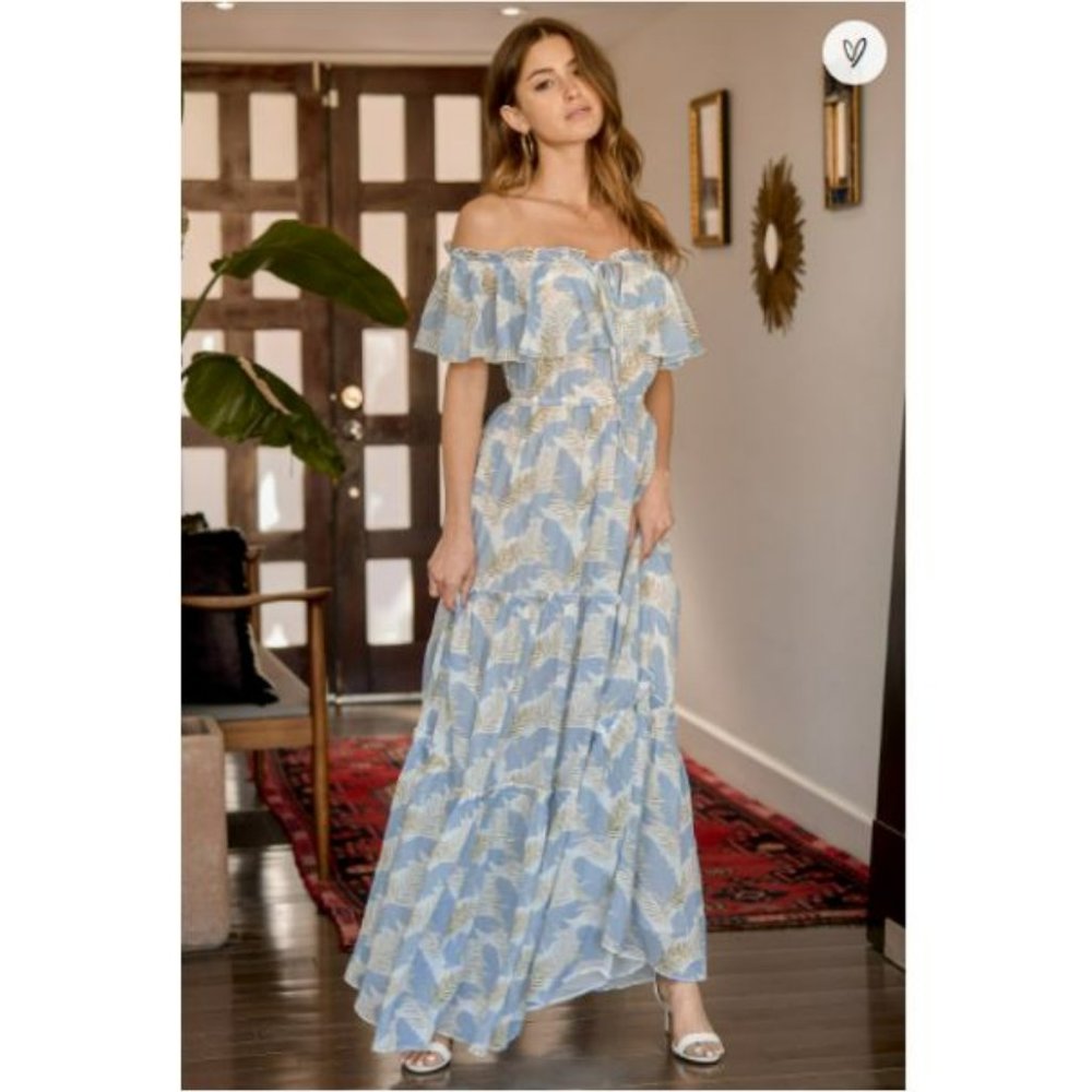 Leaf Print Off-the-Shoulder Maxi Dress